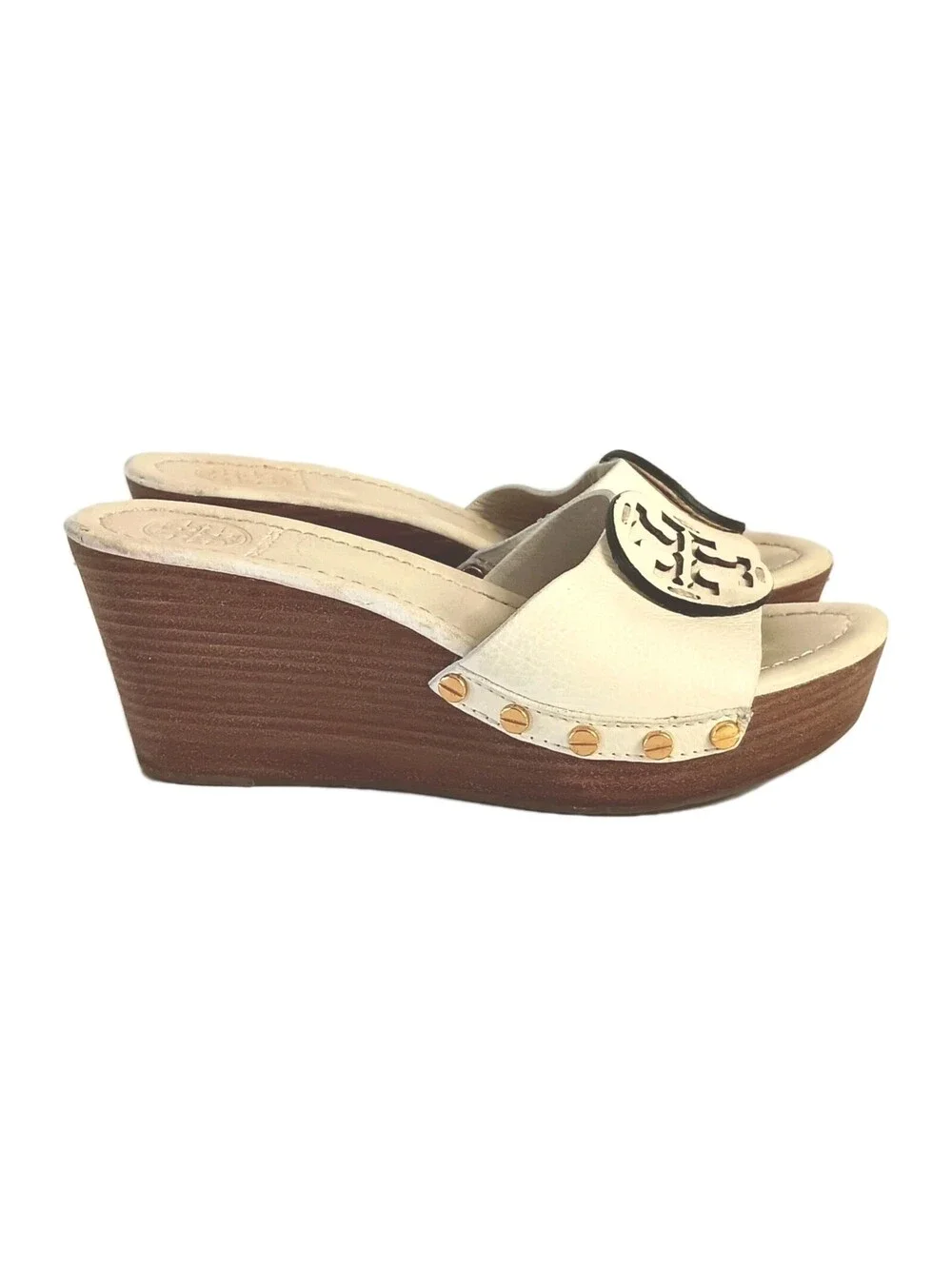 Tory Burch Patty Ivory Leather Platform Heeled Wedge Sandals Women Size 6.5